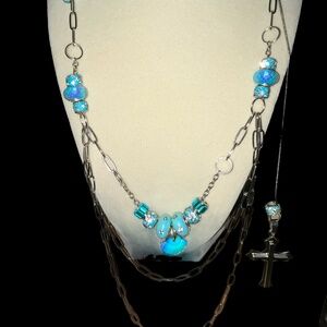 #11. ARTISAN SPARKLE LAMPWORK BEAD LAYERED NECKLACE W ASYMMETRIC CROSS PENDANT